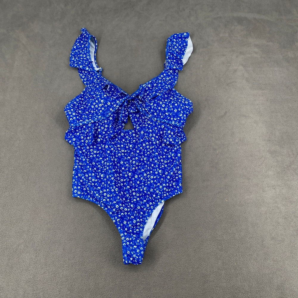 Blue Floral Ditsy Ruffle Tie Front One Piece Swimsuit XL Open Back Keyhole